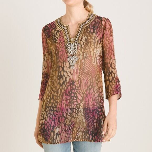 Chico's Womens Small Chico's 0 Embellished Animal-Print Silk Tunic - Picture 1 of 12
